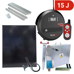 Premium sada solární ohradník - Kompletní bezpečnostní schránka + 15J RF chytrý zdroj, panel 200W